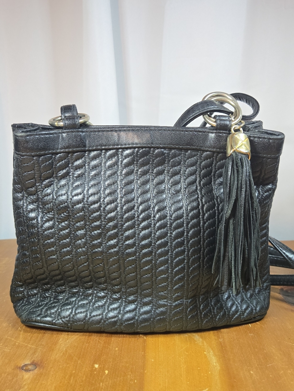 Vintage Classic Black Quilted Leather Tote with Tassel